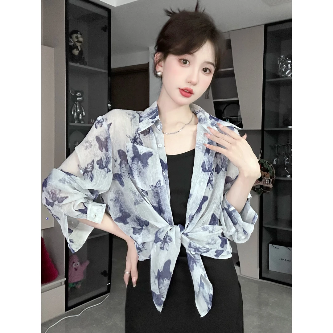 SHAOE清仓专场【夏梦随想】蝴蝶印花衬衫女新款清凉防晒衫