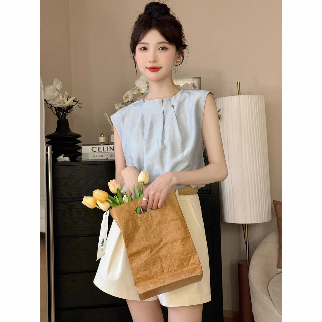 SHAOE清仓专场【薄荷糖】圆领压褶设计感短袖甜美时尚上衣