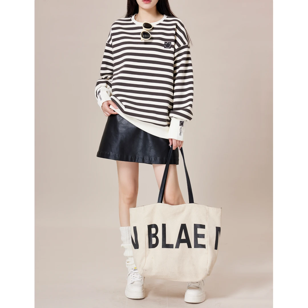 凯哥福利【笑脸条纹】复古条纹卫衣女秋休闲圆领上衣J2023101402