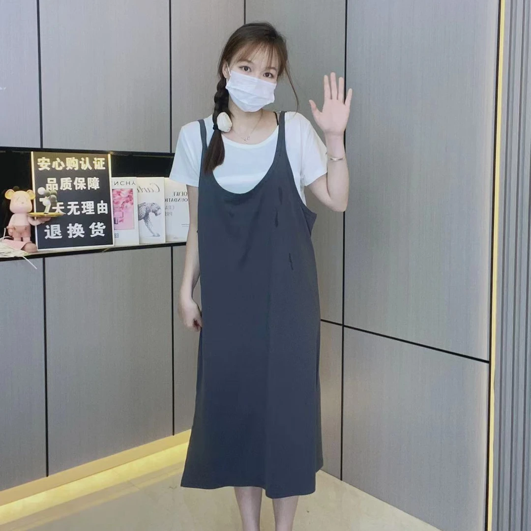 哺乳两件套连衣裙夏季透气棉宽松背带裙子显瘦慵懒风休闲开叉长裙