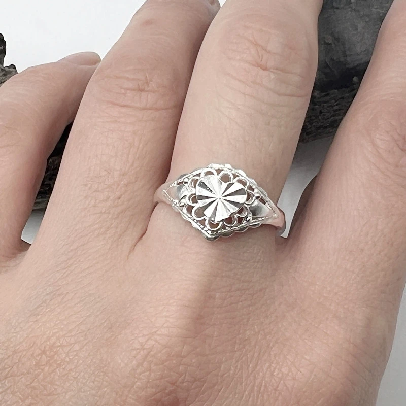 谢家银匠 足银戒指 手工素款复古老款顶花爱心戒指  开口桃心女戒