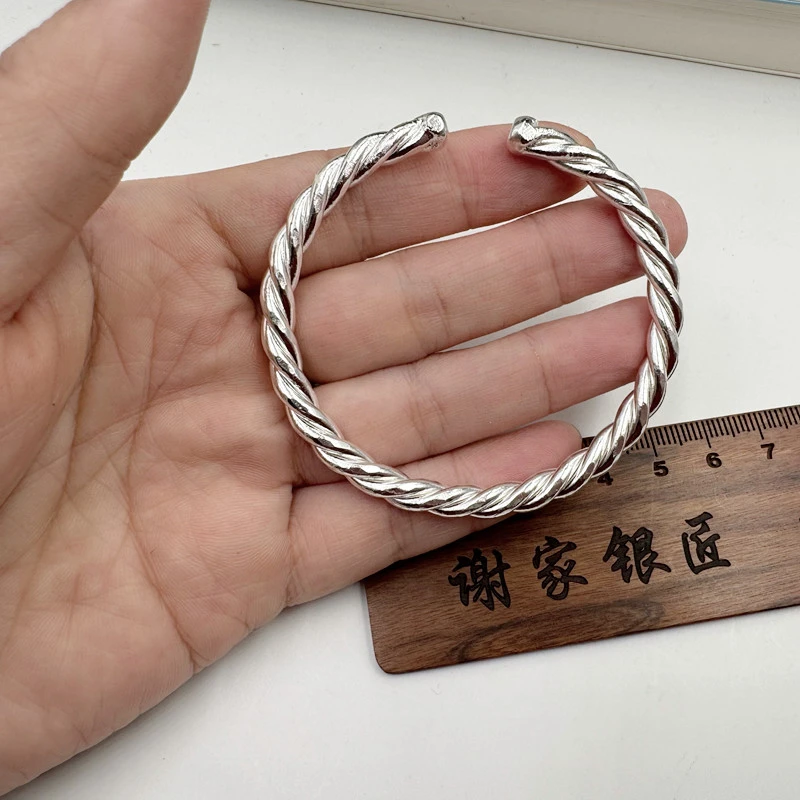 谢家银匠 足银手镯 情侣纯手工实心麻花手镯 999纯银素款开口手圈