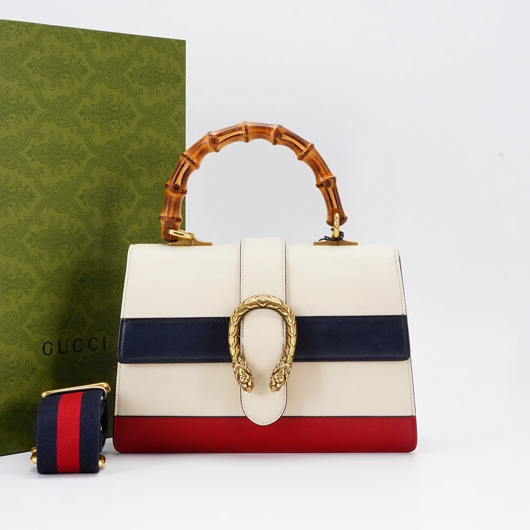 95新 GUCCI/古驰 酒神竹节包中号白三拼色/BG22006248