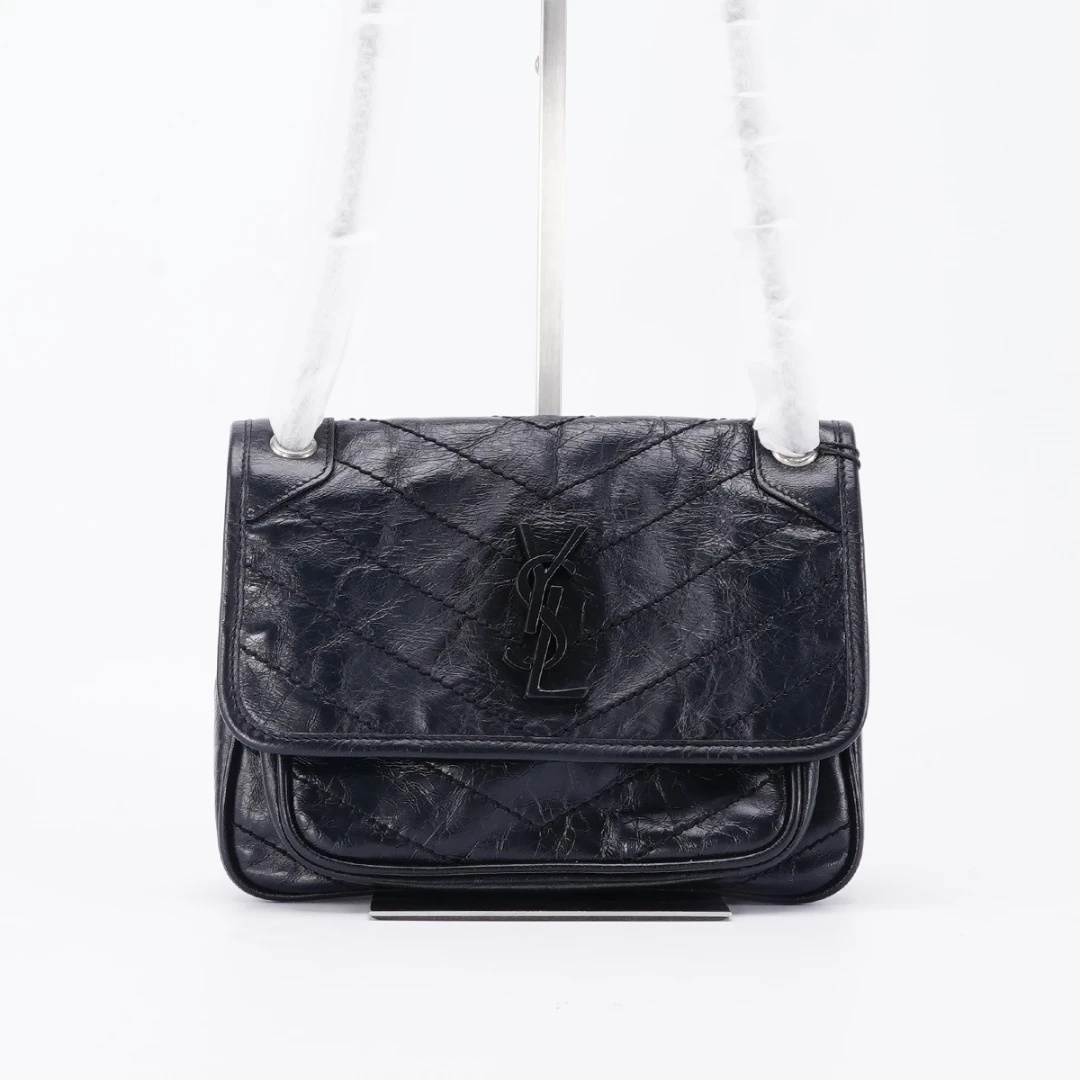 95新 YSL/圣罗兰 niki小号包D扣油蜡皮黑色/TS017164