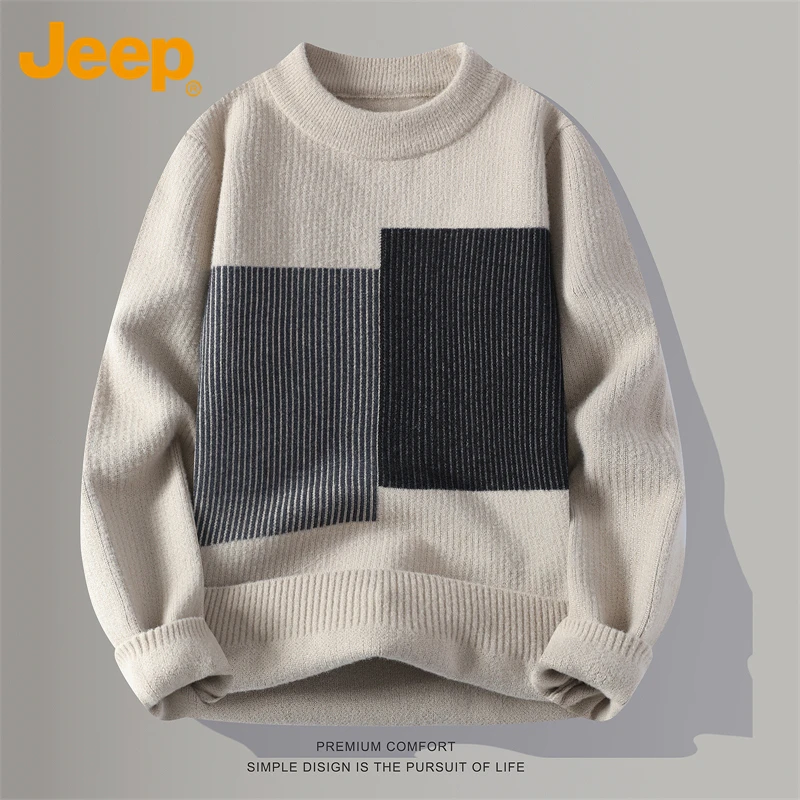 Jeep吉普毛衣韩版男士秋冬圆领百搭潮流休闲宽松拼色针织衫上衣男