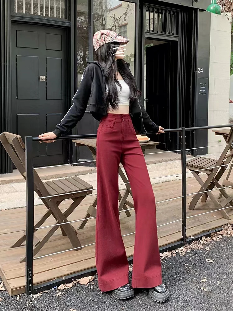 早秋安可拉红微喇牛仔裤女2024春秋季新款显瘦高腰修身喇叭裤