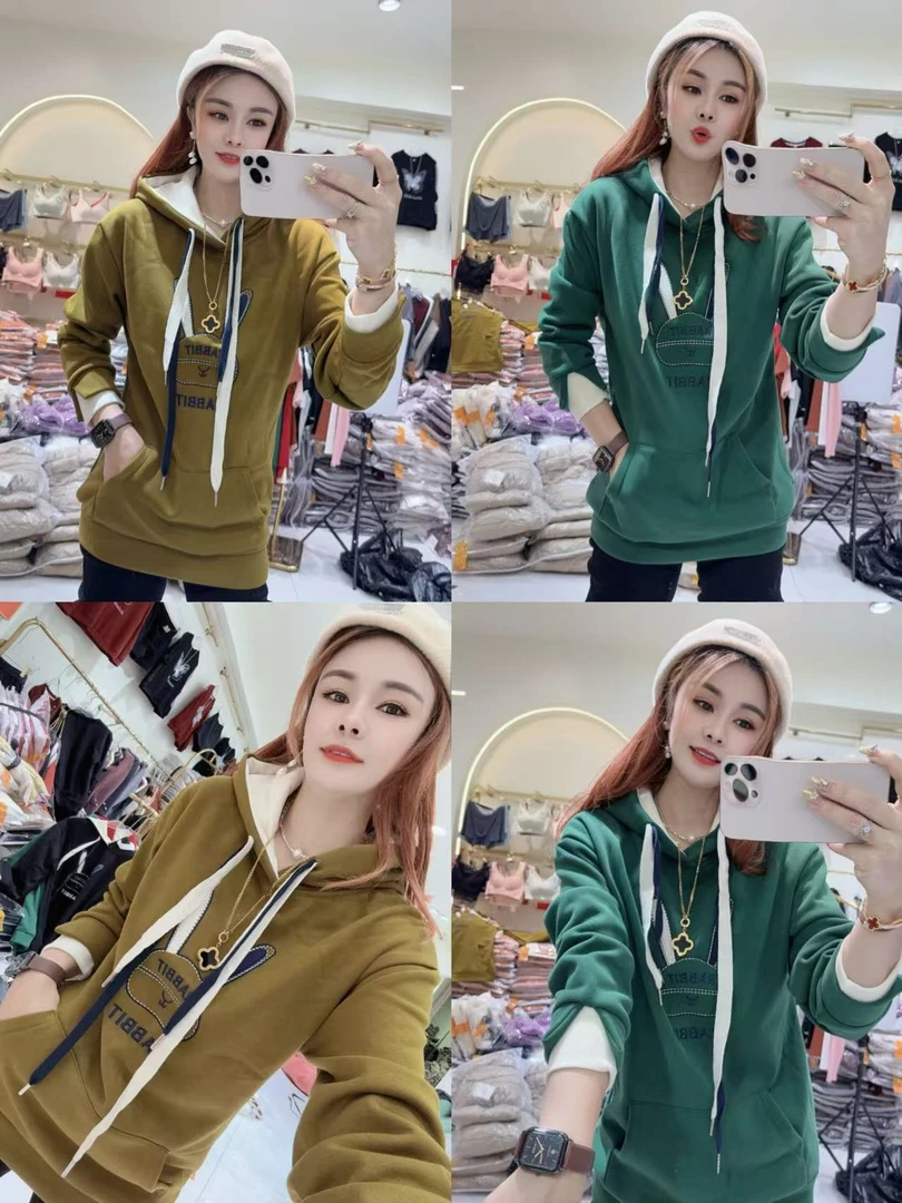 新款加绒保暖带帽刺绣中长款卫衣9282