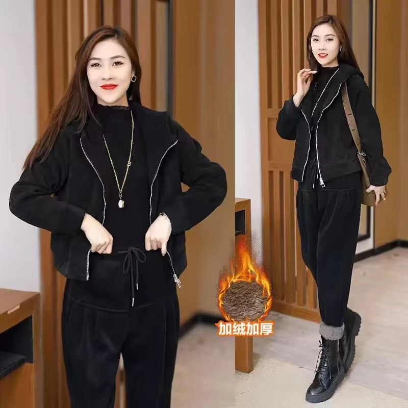 新款加绒双拉链设计简约大方百搭套装6380