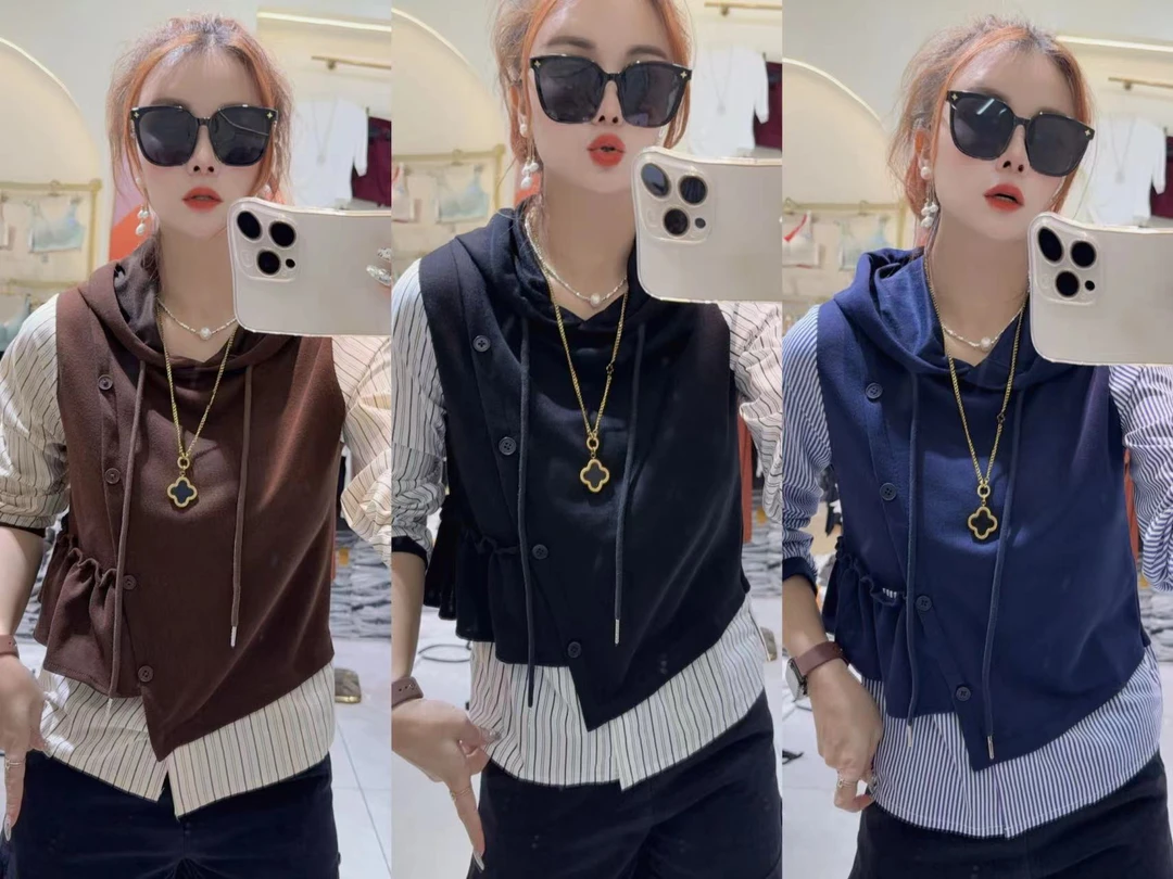 新款假两件欧货拼接条纹带帽长袖上衣916