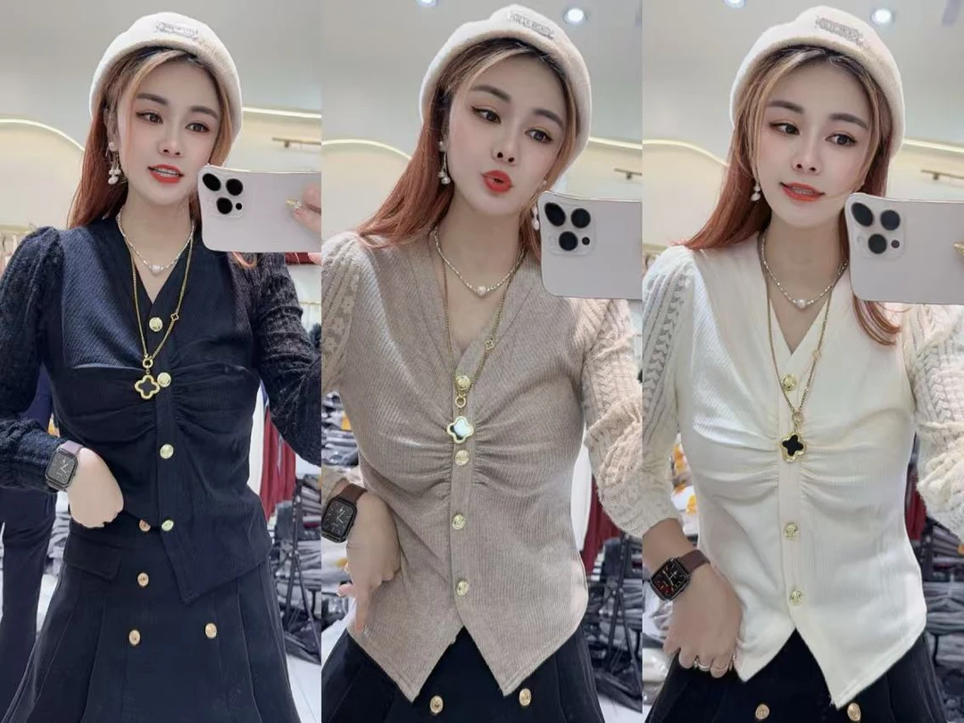 新款蕾丝拼接褶邹显瘦洋气上衣1419