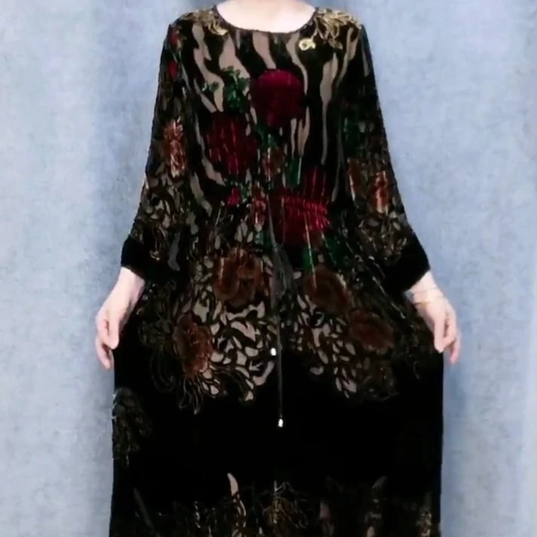 时尚网红洋气显瘦宽松大码长袖金丝气质遮肚妈妈装夏季百搭连衣裙