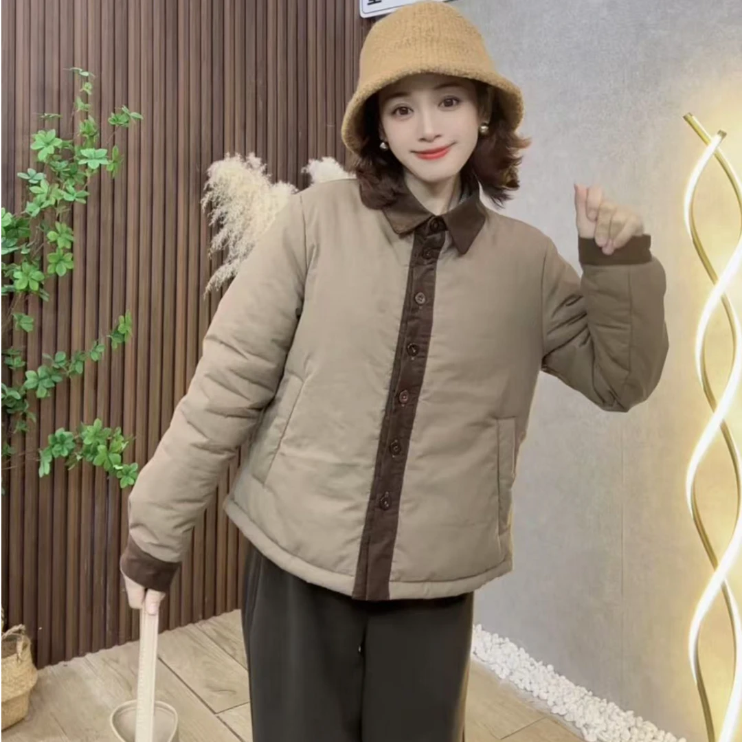 2024拼色灯芯绒加棉外套冬季新款时尚百搭纯色翻领拼接上衣