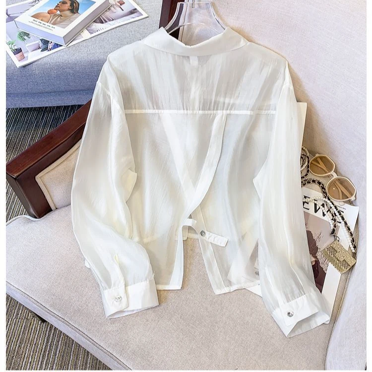夏季薄款白色上衣女防晒衬衫女不规则开叉外搭女开衫衬衣小个子