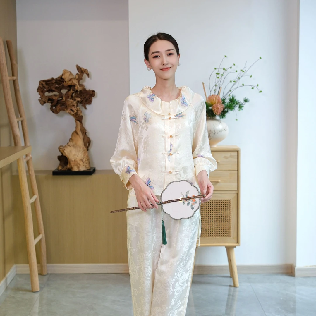 【夏季特清】【彩蝶】100桑蚕丝透孔花罗对襟上衣·23S0096