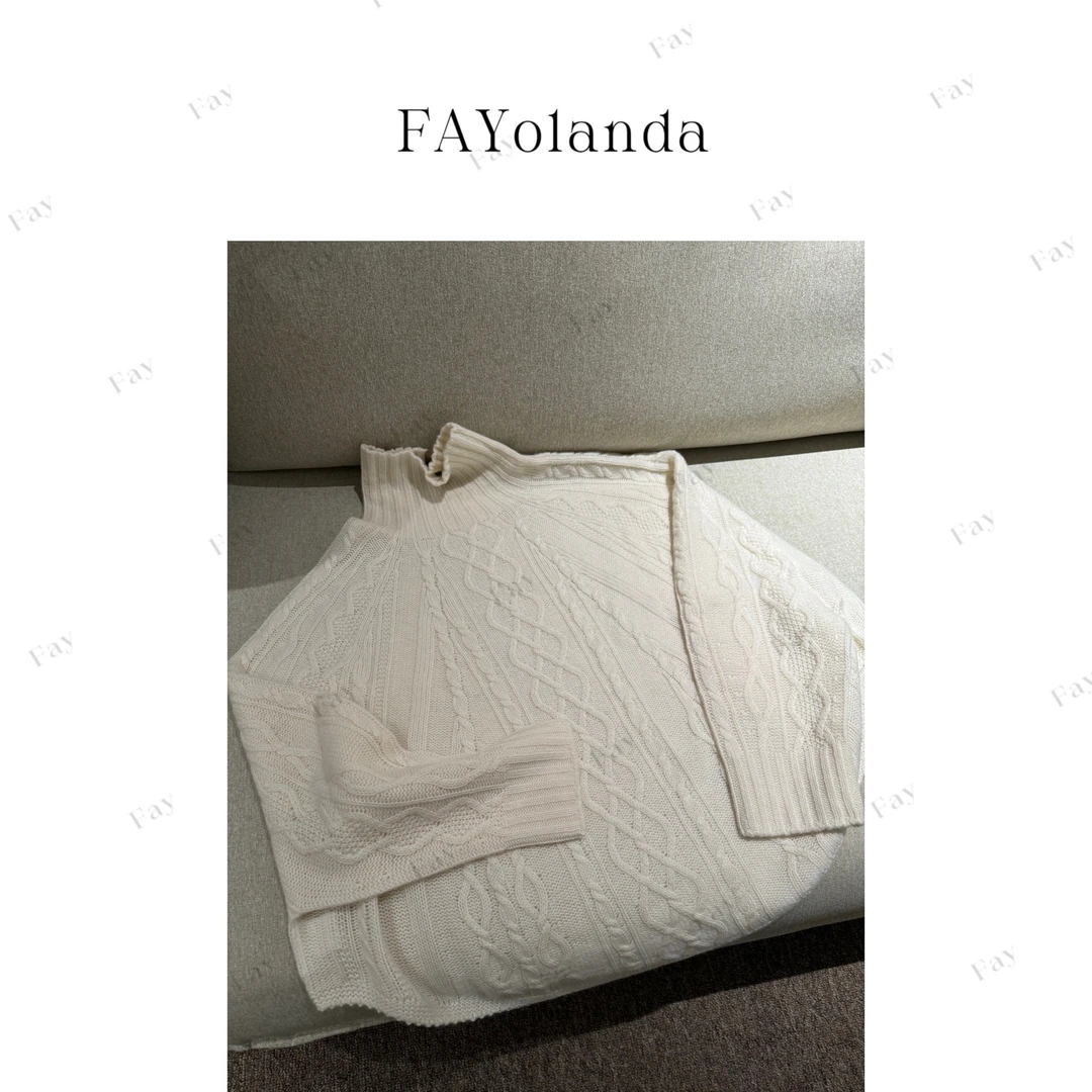 FAY | 宽松套头可翻领麻花长袖羊绒毛针织衫（01457）