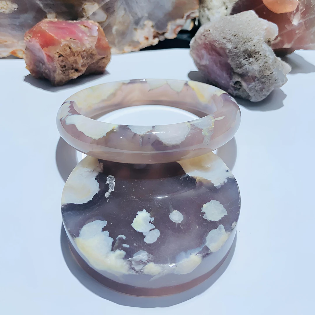 【61圈口】纯天然樱花玛瑙手镯时尚女士少女粉色冰透精美通透天然粉