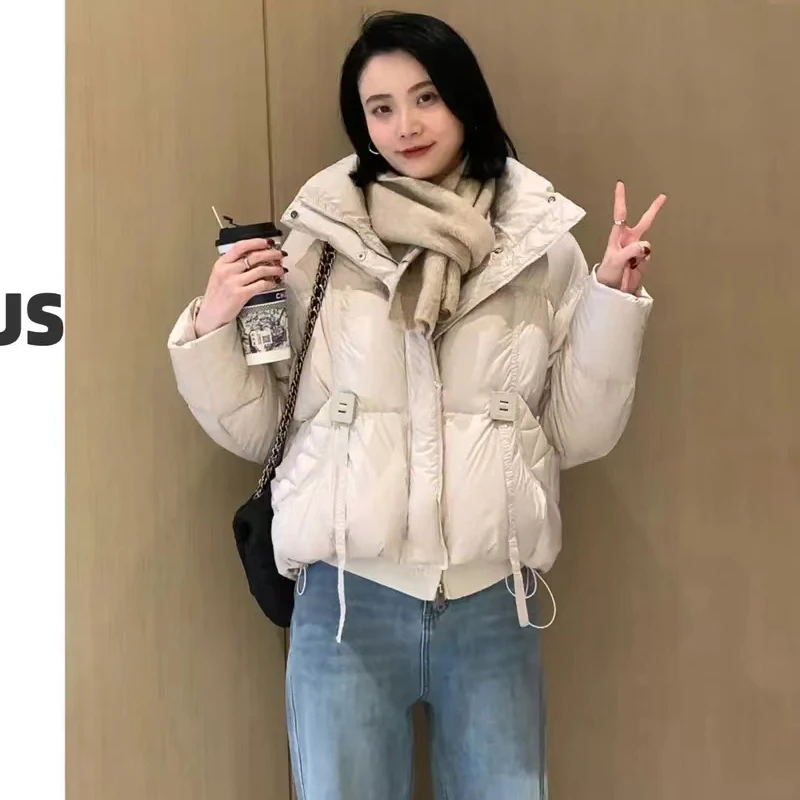 【90白鸭绒】跨境2024短款羽绒服女连帽外套加厚细绒保暖防寒抽绳潮
