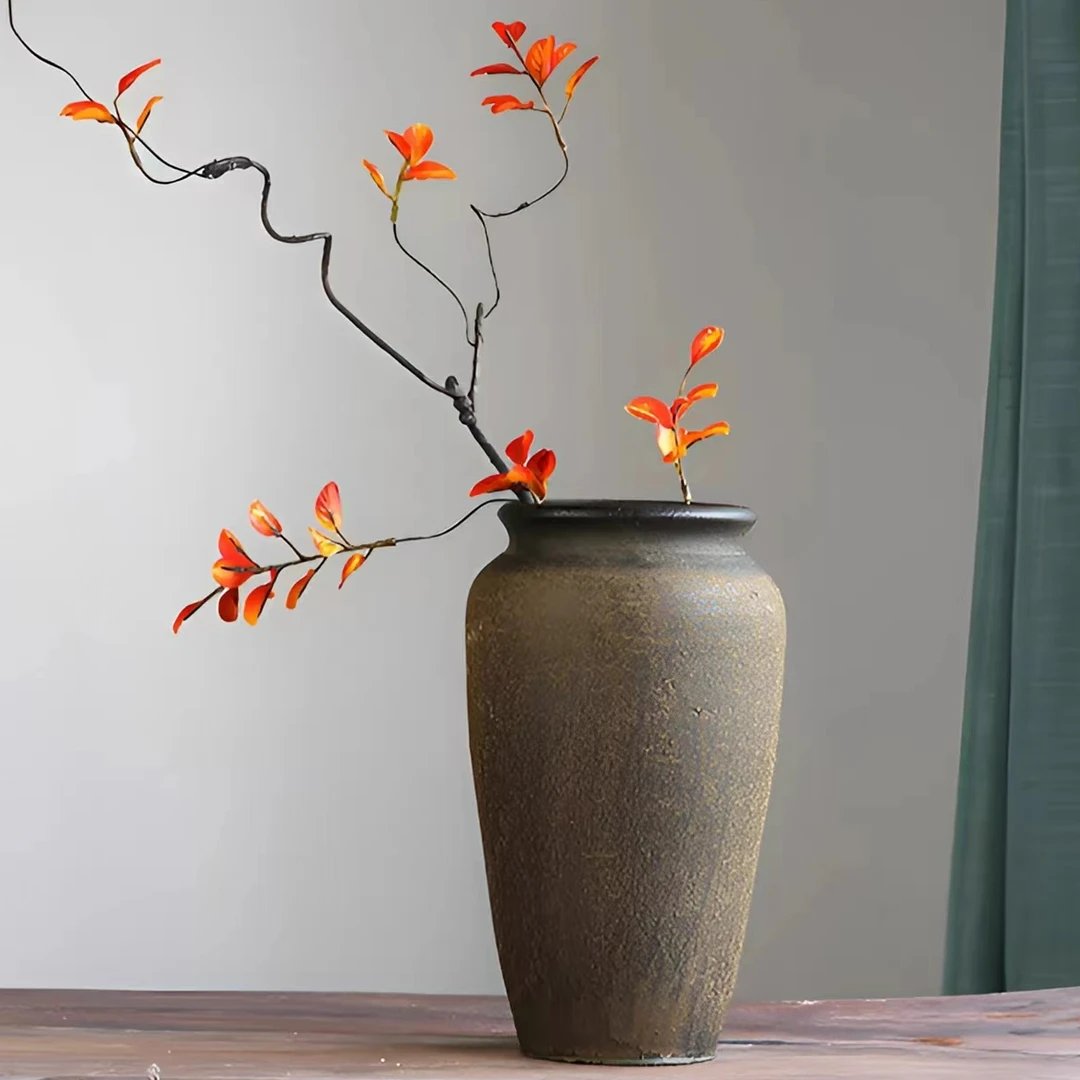 新中式土陶花器复古陶罐花盆落地花瓶陶土粗陶水培装饰叱咤风摆件