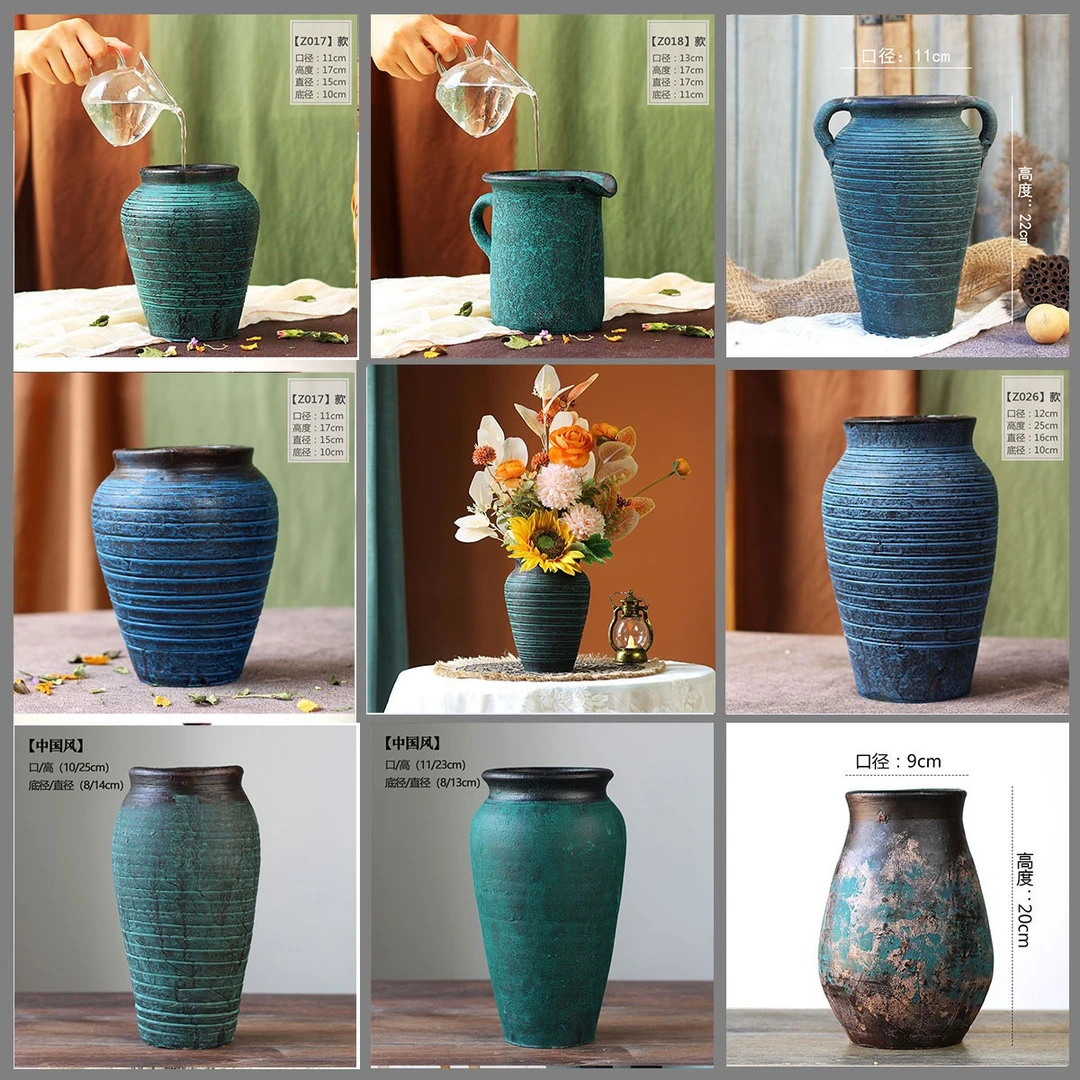 复古手工陶瓷粗陶花瓶插干花水培器皿多肉花盆室内装饰客厅摆件