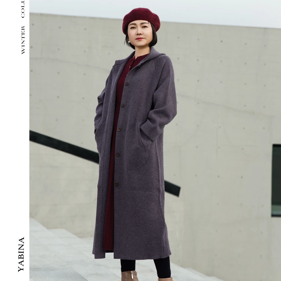 雅比那【踏雪追梦】秋冬长款针织宽松连帽山羊绒大衣