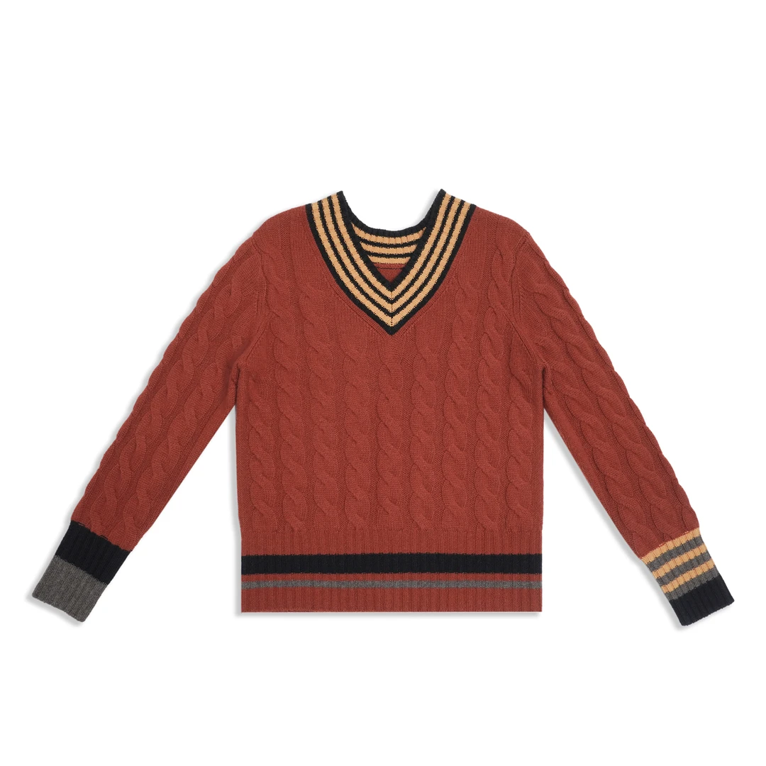 雅比那【彩条领V套】秋冬时尚大绞花彩条V领羊绒衫