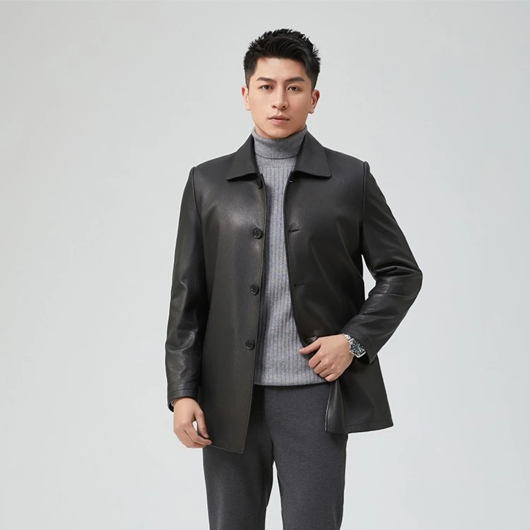 RYAN GREEN/瑞恩格雷新款头层山羊皮真皮男士外套中长款风衣商务