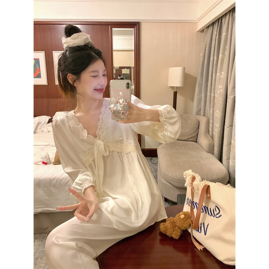 冰丝睡衣女春秋季韩版公主风甜美蕾丝V领长袖长裤家居服两件套装
