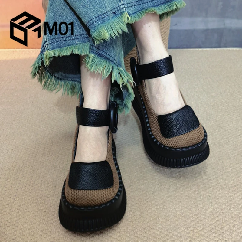 M01手工真皮女鞋2025春秋新款厚底魔术贴单鞋女复古松糕底大头鞋