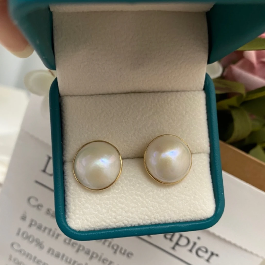 海水马贝耳钉复古高贵质感18k金2025年简约包边耳饰马贝耳钉14-16