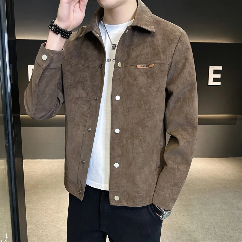 （彤彤家）秋季夹克上新款痞帅潮流时尚休闲高级感翻领麂皮男士外套