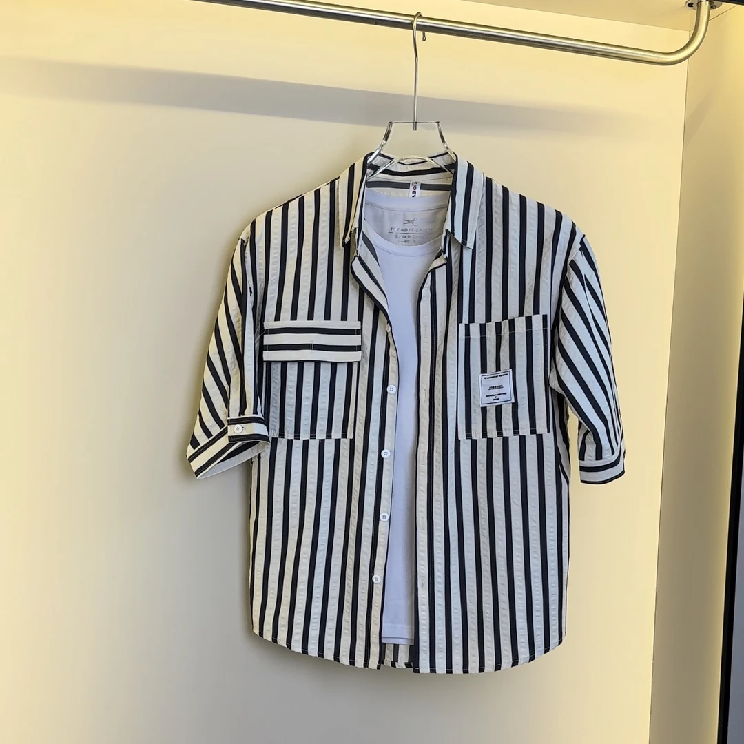（彤彤家）男士夏季新品时尚百搭条纹五分袖衬衫