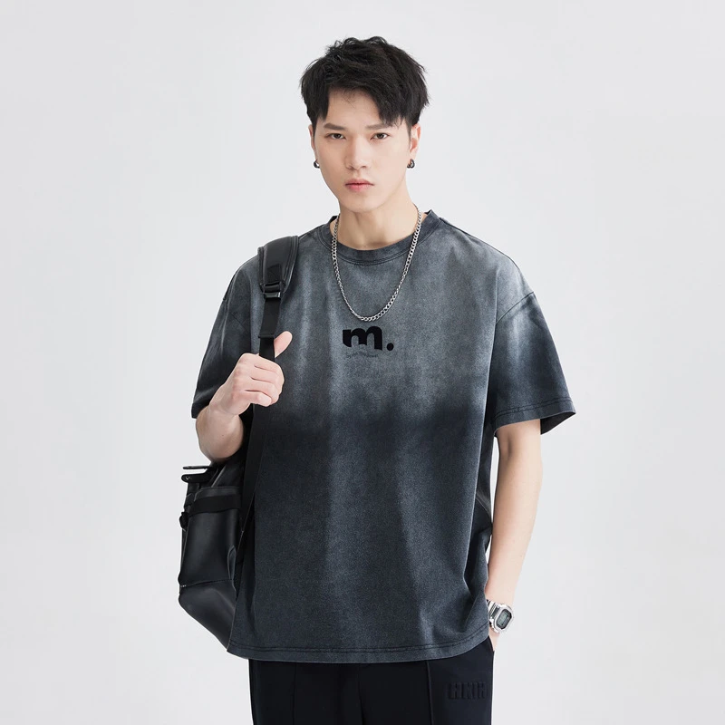 大码男装夏季新款260G男士重磅圆领T恤男宽松渐变丁达尔风短袖t恤