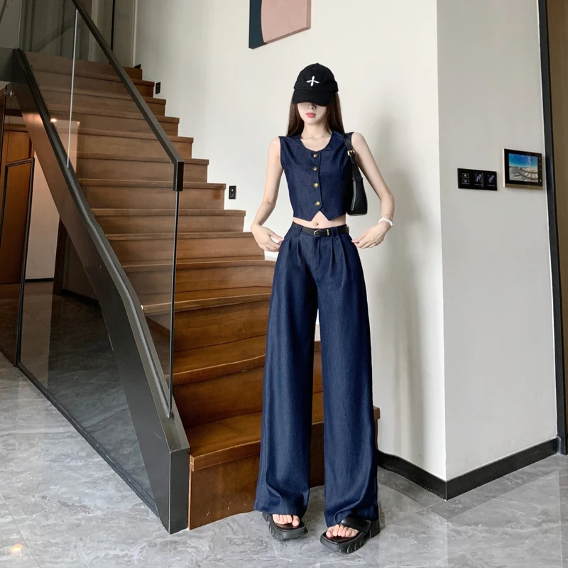 夏季洋气蓝色时尚韩版牛仔无袖马甲直筒阔腿裤两件套时尚套装女