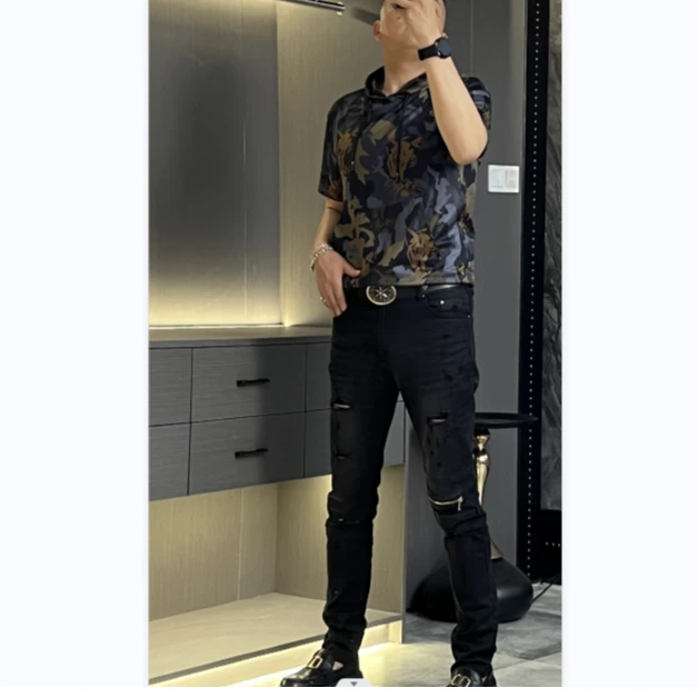 一年穿3季牛仔裤男时尚个性拉链破洞水洗裤修身小脚长裤百搭休闲