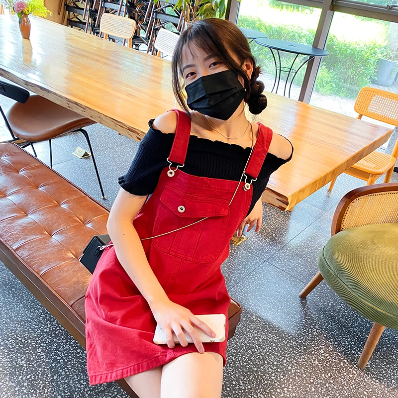 春季新款牛仔背带裙酒红色四季款可调节肩带