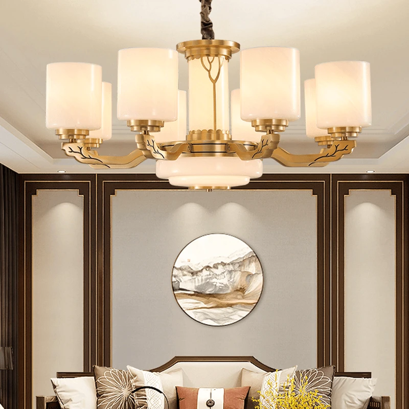 简约新款全铜玉石新中式大气典雅别墅复式楼家居吊灯家用中式吊灯