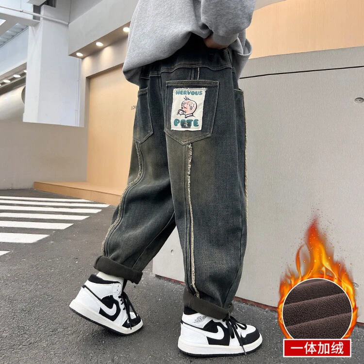 男童牛仔裤加厚毛边卡通图案中大童冬装一体加绒儿童裤子新款