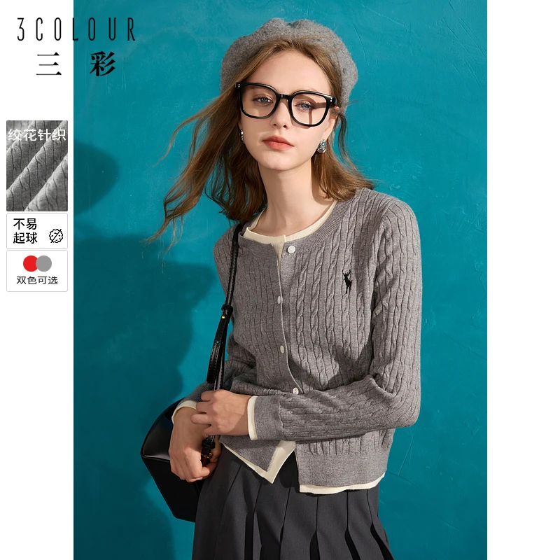 三彩2024冬季新款假两件绞花毛衣拼接圆领针织衫刺绣毛衫休闲女M