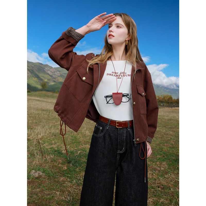 三彩2025春季休闲夹克厚外套立领宽松短款开衫巴恩风可露丽上衣M