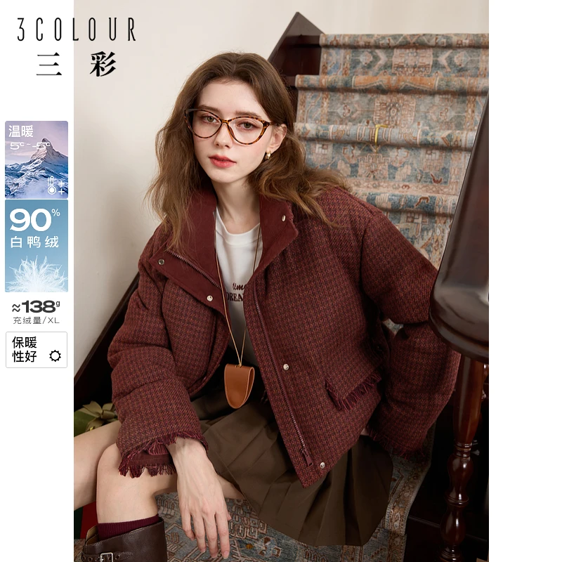 三彩2024冬季新款格纹呢料羽绒服白鸭绒面包服短款保暖休闲女M