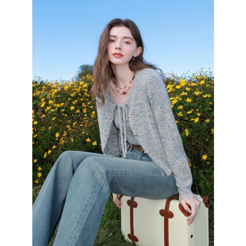 三彩2025春季两件套装针织衫毛衣开衫短款外套吊带背心女M1509