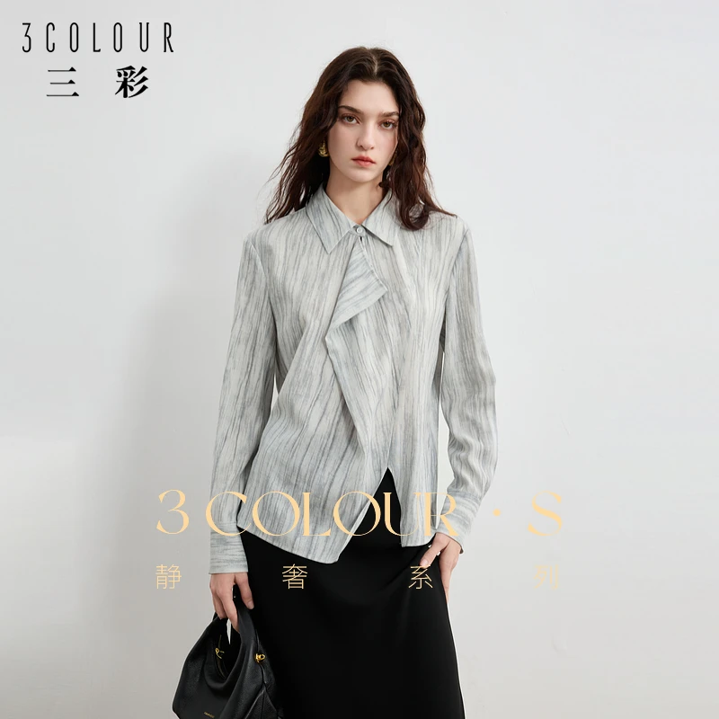 三彩2024冬季新款仿亚麻衬衫渐变衬衣设计感开叉小衫宽松上衣女S