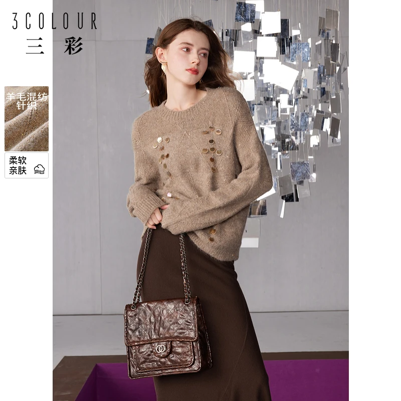 三彩2024冬季新款美拉德亮片针织衫宽松慵懒套头毛衣圆领女M