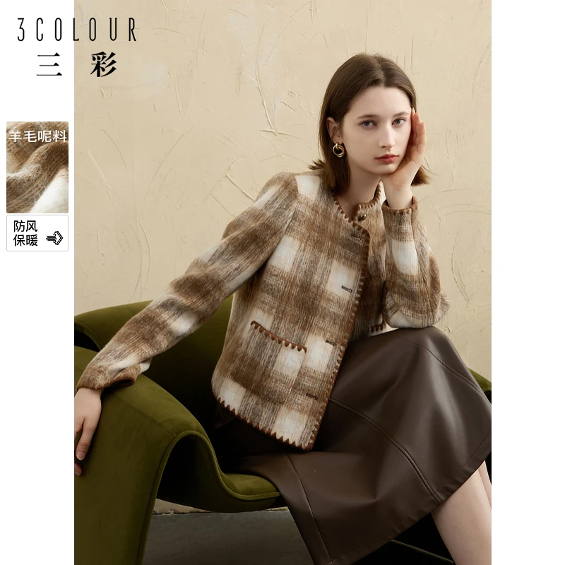 三彩2024冬季新款宽松短款贝壳绣圆领格子毛呢外套大衣女M