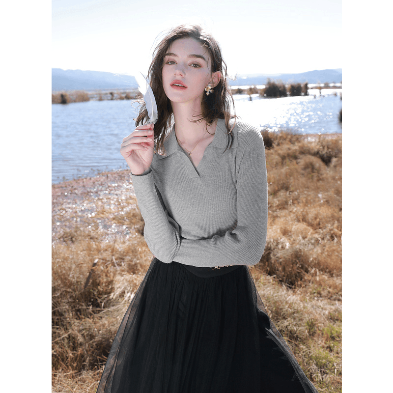 三彩2024春纯色V领长袖针织衫女POLO领显瘦上衣简约修身套头毛衫