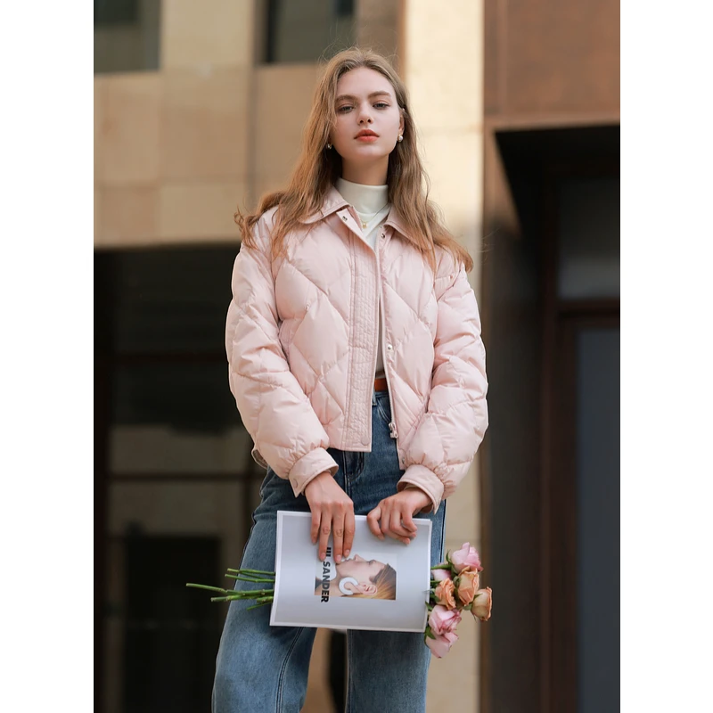 三彩2024冬季新款宽松短款翻领白鹅绒外套轻薄羽绒服简约女M