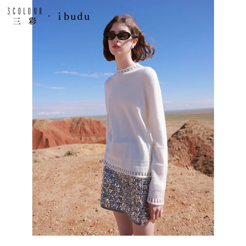 三彩ibudu2024冬季新款慵懒风宽松镂空立领落肩袖毛衣针织衫套头