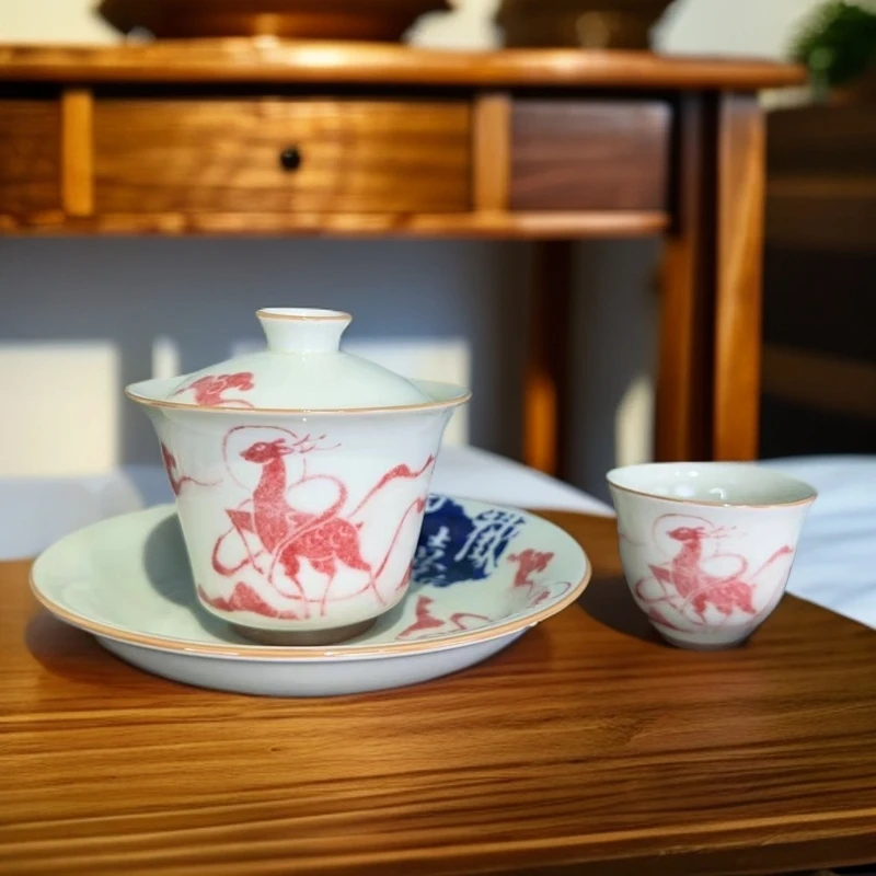 敦煌文创九色鹿三才盖碗中式国潮矾红泡茶碗盖碗+壶承+杯子