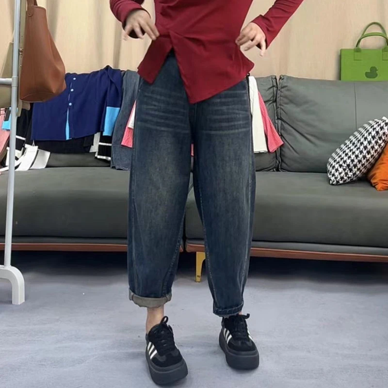 大码女装2025春季新款胖妹梨形身材显瘦遮肉哈伦裤九分牛仔镰刀裤