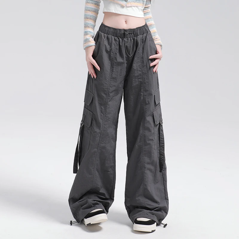 大码胖mm工装裤女夏季薄款高腰阔腿宽松休闲裤美式复古运动冲锋裤